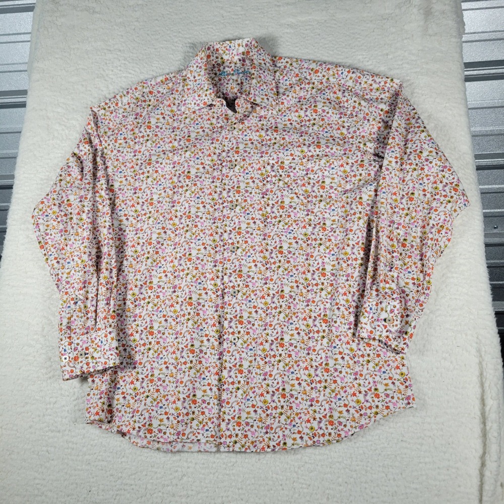 Alan Flusser Button Down Shirt Mens XL White Orange Floral Long Sleeve Pocket